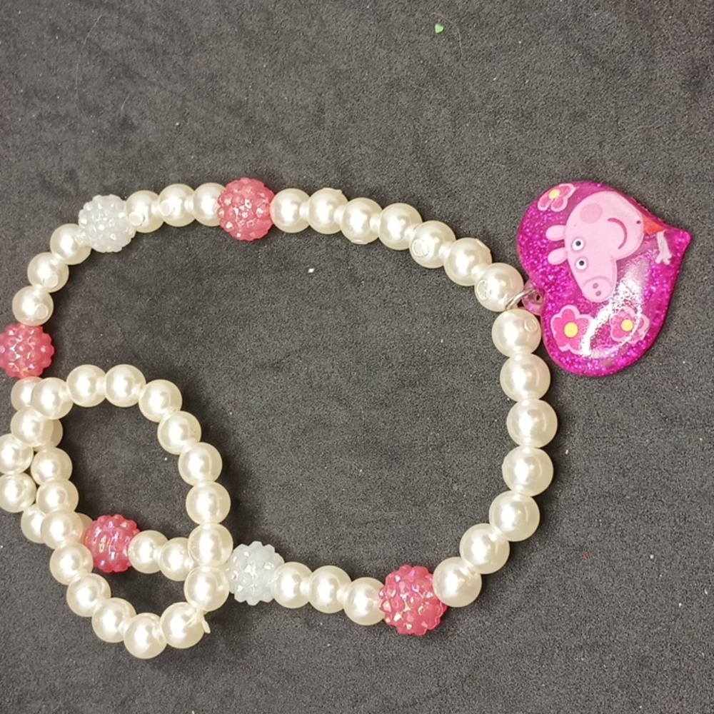 Kids Pearl Necklace and Bracelet Set with Pink Heart Charm